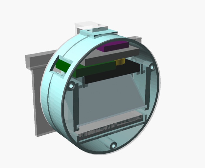 A 3D model of Claudocle: a round glass monocle that clips onto glasses, with a small projector inside